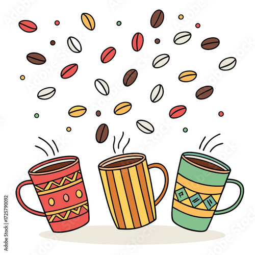 Three coffee mugs with coffee beans falling Vector illustration Flat design style Colorful mugs design Isolated on white background
