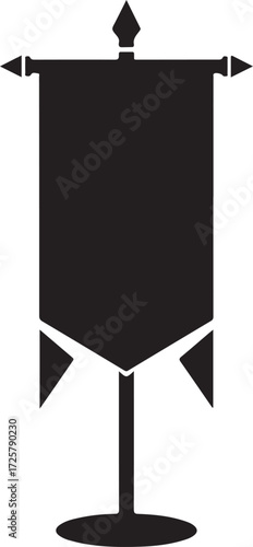 Black silhouette of a medieval banner or flag on a stand with a decorative finial and base heraldry emblem