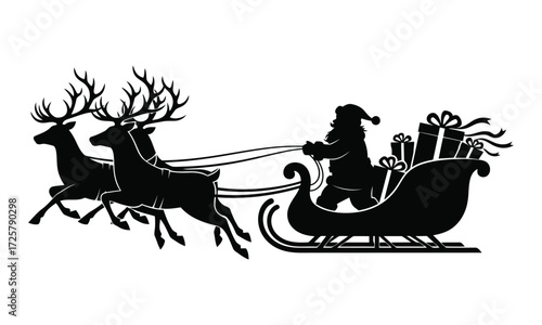 Santa claus riding in a sleigh with reindeer delivering gifts on christmas eve in a silhouette