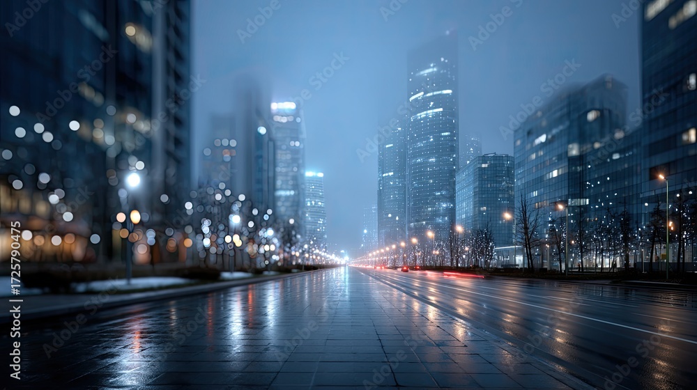 Fototapeta premium Urban Landscape Featuring Modern Skyscrapers at Night with Wet Asphalt Ground and City Lights in Soft Focus and Moody Blue Tone