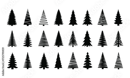 Collection of twentyfour unique black and white christmas tree silhouettes for holiday cards decorations and festive designs