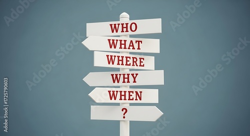 Directional signpost asking who what where why when and how