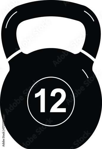 Iconic black kettlebell silhouette with weight 12kg for fitness workouts and gym training equipment representation isolated on transparent background
