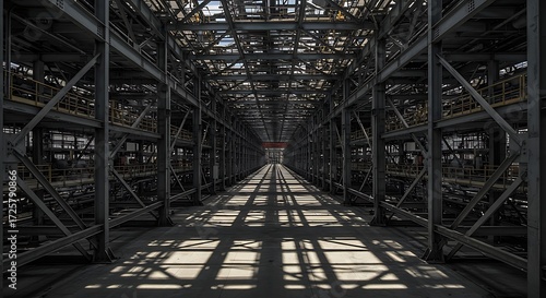 Steel framework forms a long, symmetrical tunnel inside a large industrial building, creating a sense of depth and architectural grandeur.