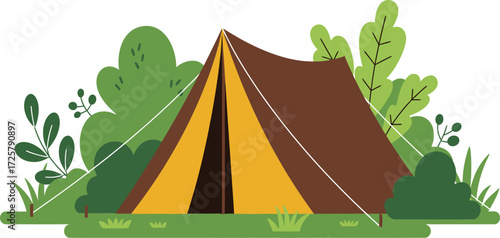 Cozy campsite scene a brown and yellow tent nestled among lush green trees and foliage outdoor adventure element isolated on transparent background