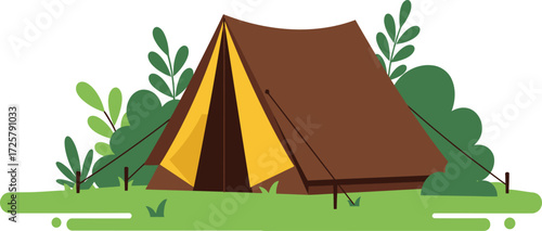 Cozy brown tent set up outdoors amidst lush greenery nature scene for camping adventures and outdoor recreation isolated on transparent background