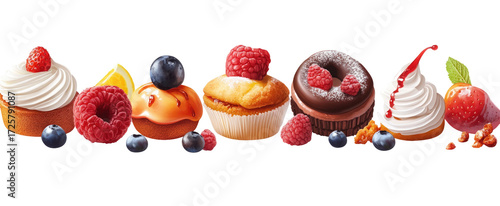 Obraz  z motywem Assortment of delicious desserts and berries isolated on transparent background