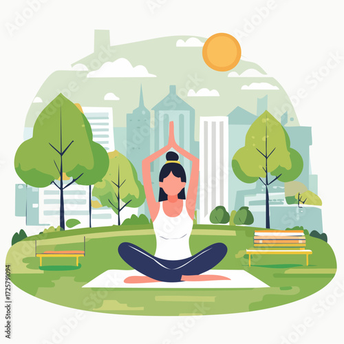 Woman in lotus position practicing yoga outdoors in a park with a cityscape background.