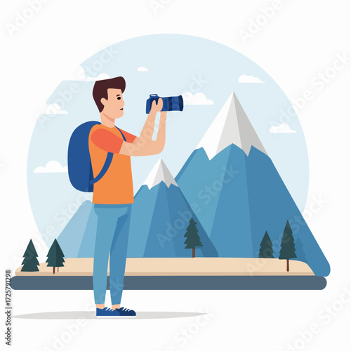 A man with a backpack takes a photo with a camera in a mountain landscape with trees and clouds.