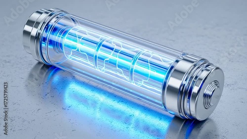 Futuristic glowing blue energy battery capsule with immense electric power. Advanced technology concept showing plasma source for an innovative and powerful future