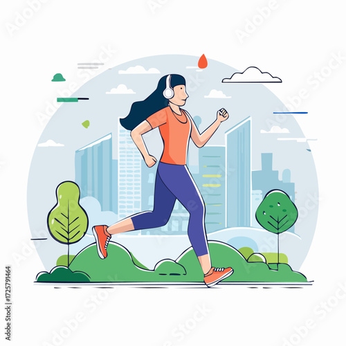 An illustration depicts a woman jogging in a park with a city skyline in the background, wearing headphones.