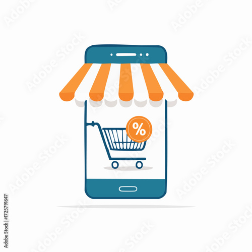 Illustration depicting online shopping, a mobile phone with a shopping cart and percentage symbol.