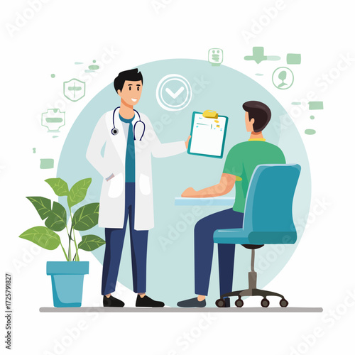 A doctor in a white coat shows a patient their medical chart during a consultation.