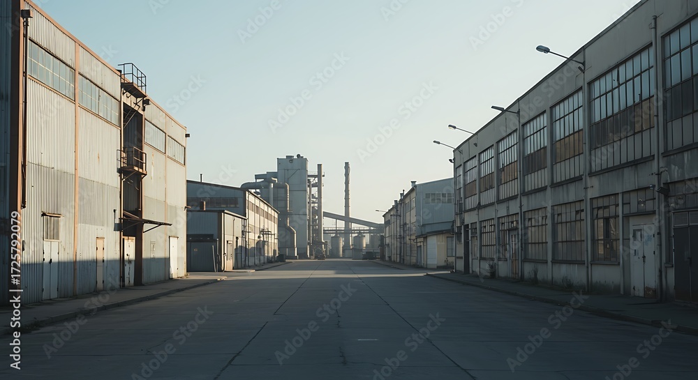 Obraz premium Industrial buildings stand along empty street in urban area during daytime, creating a sense of desolation and abandonment.