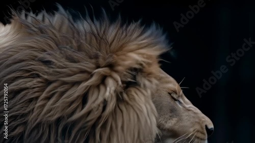 Roaring lion king portrait showing fierce anger and wild animal dominance. powerful male predator with thick mane, open mouth, and sharp teeth on black background