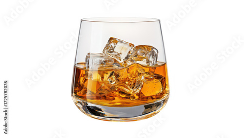 A close-up view of a glass tumbler filled with amber whiskey and ice cubes. set against a plain white background. highlighting the drinks clarity and color for beverage advertising or lifestyle imager