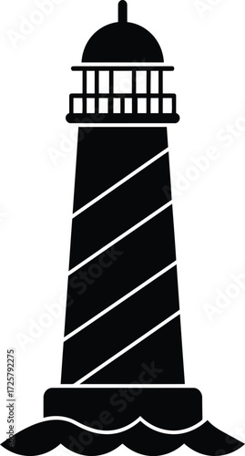 Iconic silhouette of a lighthouse guiding ships with striking spiral design set on waves isolated on transparent background