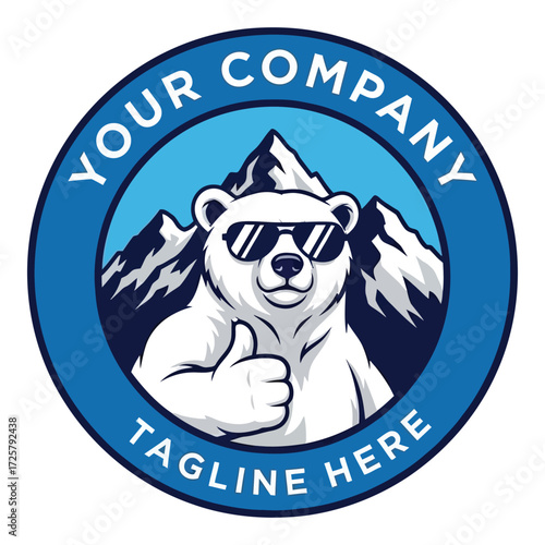 Cool polar bear thumbs up with mountains and company logo badge