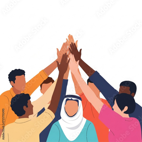 Diverse multicultural group of people joining hands in a high five for teamwork and unity
