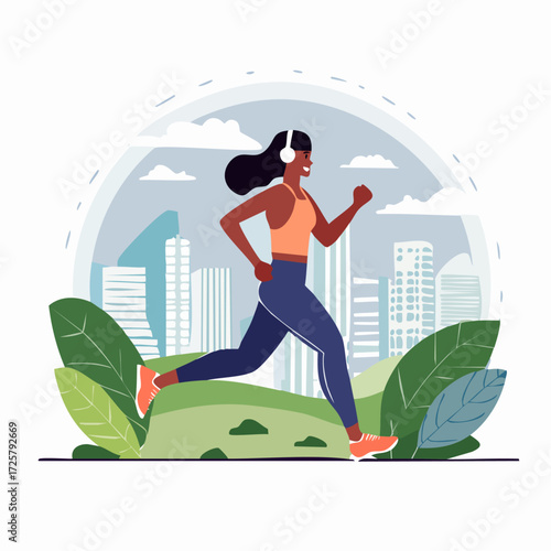 Woman with headphones running in a park with city buildings in the background.