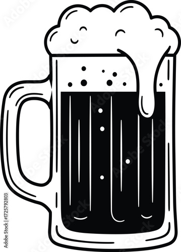 Sketch of a frothy dark beer mug full of refreshing beverage with bubbles and foam overflowing iconic drink symbolism isolated on transparent background