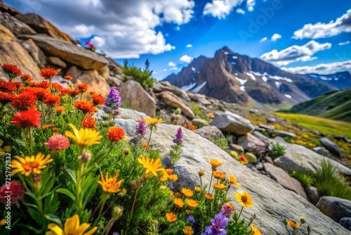 Yellow flowers bloom in alpine meadow with mountain landscape and blue sky panorama