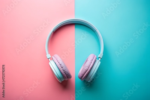 Headphones on blue and red backgrounds with black cable and audio technology icons