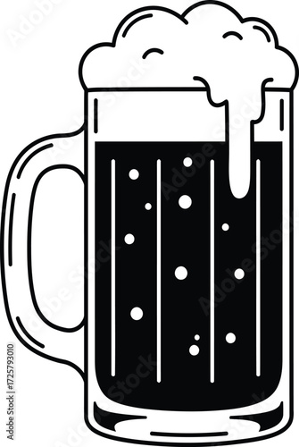 Classic beer mug full of dark frothy beer refreshing beverage drink icon clipart simple line art style isolated on transparent background