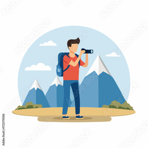 A man with a backpack takes a photo of snow-capped mountains with a camera in a scenic landscape.