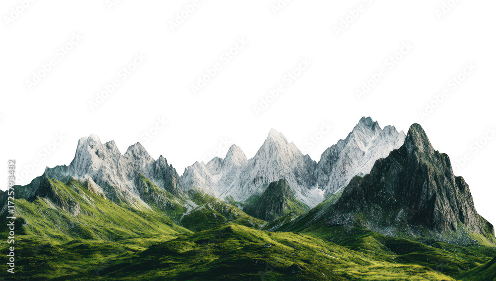 Obraz premium A breathtaking view of a rugged mountain range with sharp peaks and lush green valleys under a clear sky. ideal for nature enthusiasts and landscape photography