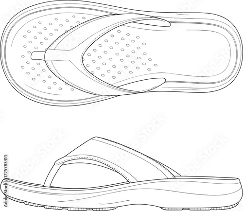 Flip flop sandal, footwear technical drawing, casual sandal design, thong strap sandal, fashion illustration, shoe construction, top view sandal, side view sandal