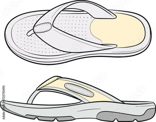 Sandal flat sketch, footwear technical drawing, casual sandal design, thong strap sandal, fashion illustration, shoe construction, top view sandal, side view sandal
