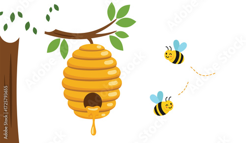 Sweet summer scene two busy bees fly towards a beehive hanging from a tree branch with green leaves and a brown trunk isolated on transparent background
