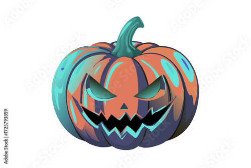 A smiling carved pumpkin with an evil face, a classic Halloween jack-o'-lantern decoration, is an isolated orange vegetable vector perfect for the spooky October season