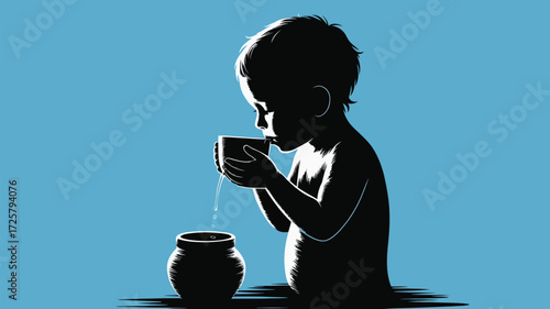 Heartbreaking silhouette of a child drinking water from a pot against a blue background evokes global poverty and urgent need for clean water access worldwide