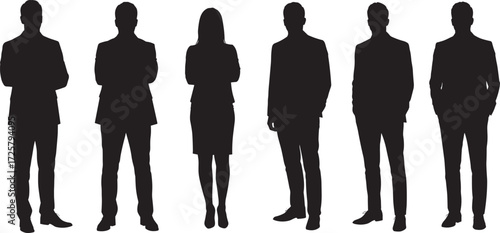 Business people silhouettes, professional team icons, corporate attire figures, workplace diversity, formal clothing, vector design, minimal style, career concept, black illustration