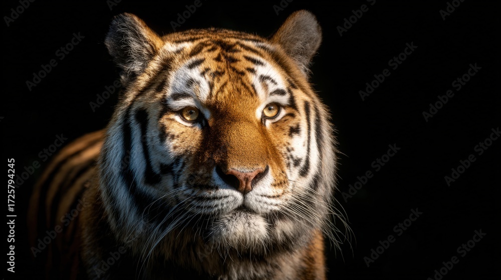 Obraz premium Majestic Tiger Staring Intently in Natural Light Against Dark Background