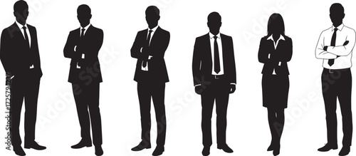 Business people silhouettes, professional team icons, corporate attire figures, workplace diversity, formal clothing, vector design, minimal style, career concept, black illustration
