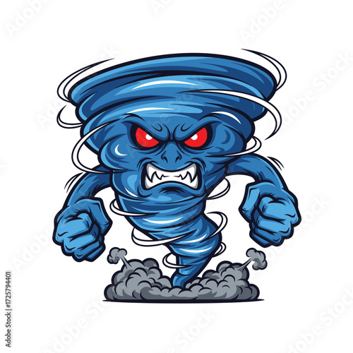 Fierce blue tornado character with angry red eyes and clenched fists