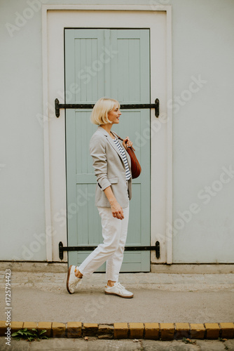 Woman walks along a sidewal...