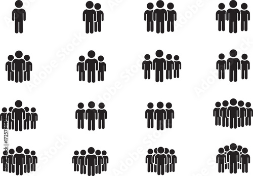 Group of people silhouette icons, diverse team symbols, crowd composition, demographic illustration, black figures, social structure, community concept, vector set