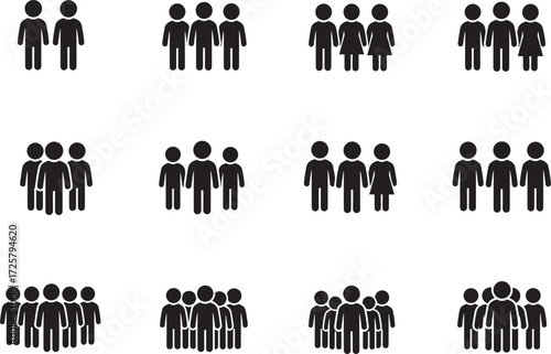 Group of people silhouette icons, diverse team symbols, crowd composition, demographic illustration, black figures, social structure, community concept, vector set