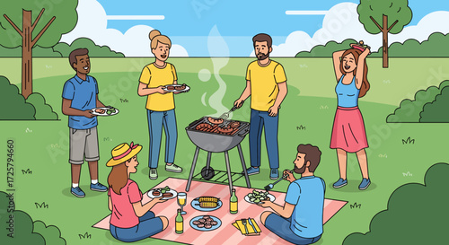Diverse group of friends enjoying a summer barbecue picnic in a park