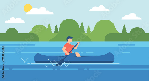 Man paddling a canoe on a calm lake with green hills and clouds