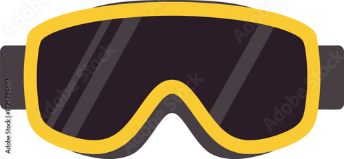 Bright yellow ski goggles with dark lenses and black strap for snowboarding and winter sports protection isolated on transparent background