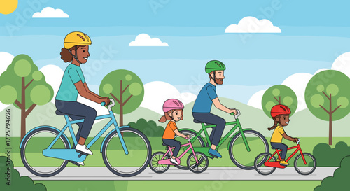 Happy diverse family enjoying a sunny bike ride through a park