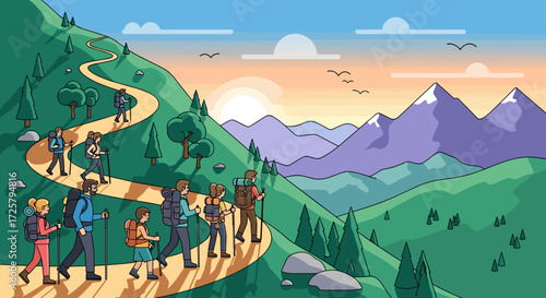 Hikers ascend a winding mountain trail at sunrise with majestic peaks