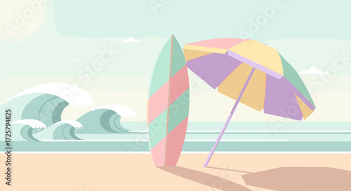 Surfboard and beach umbrella on a sandy shore with gentle waves