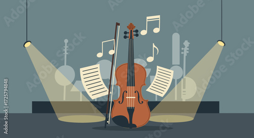 Violin on stage with musical notes and spotlights