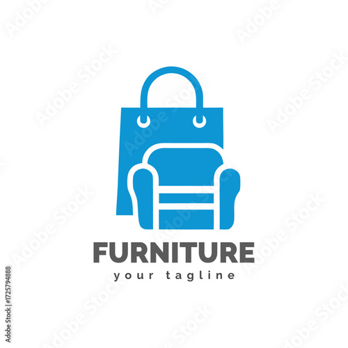 Modern blue shopping bag and armchair logo for furniture retail businesses